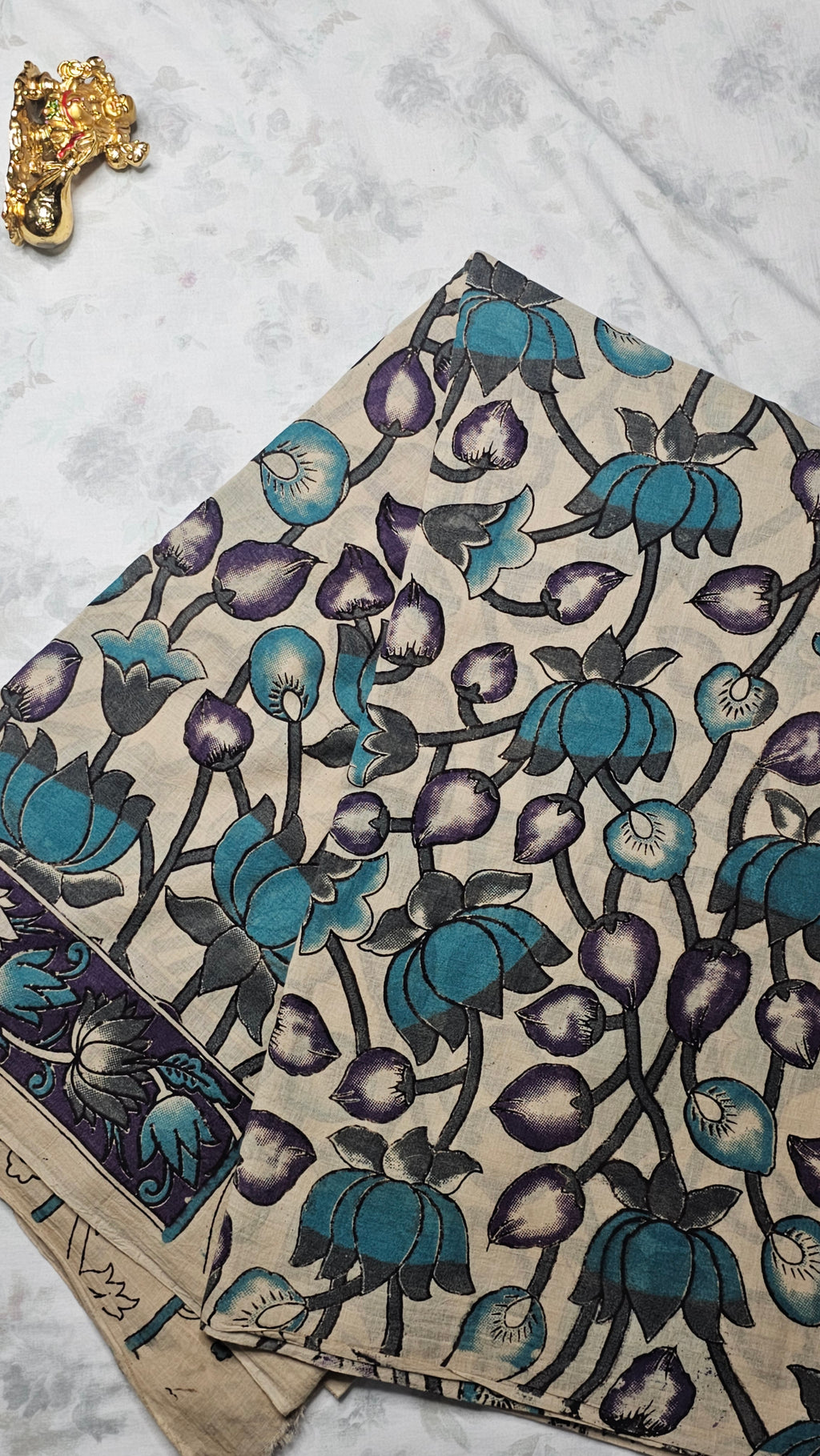 Cream Cotton Saree with Blue & Purple Lotus Print and Contrast Border