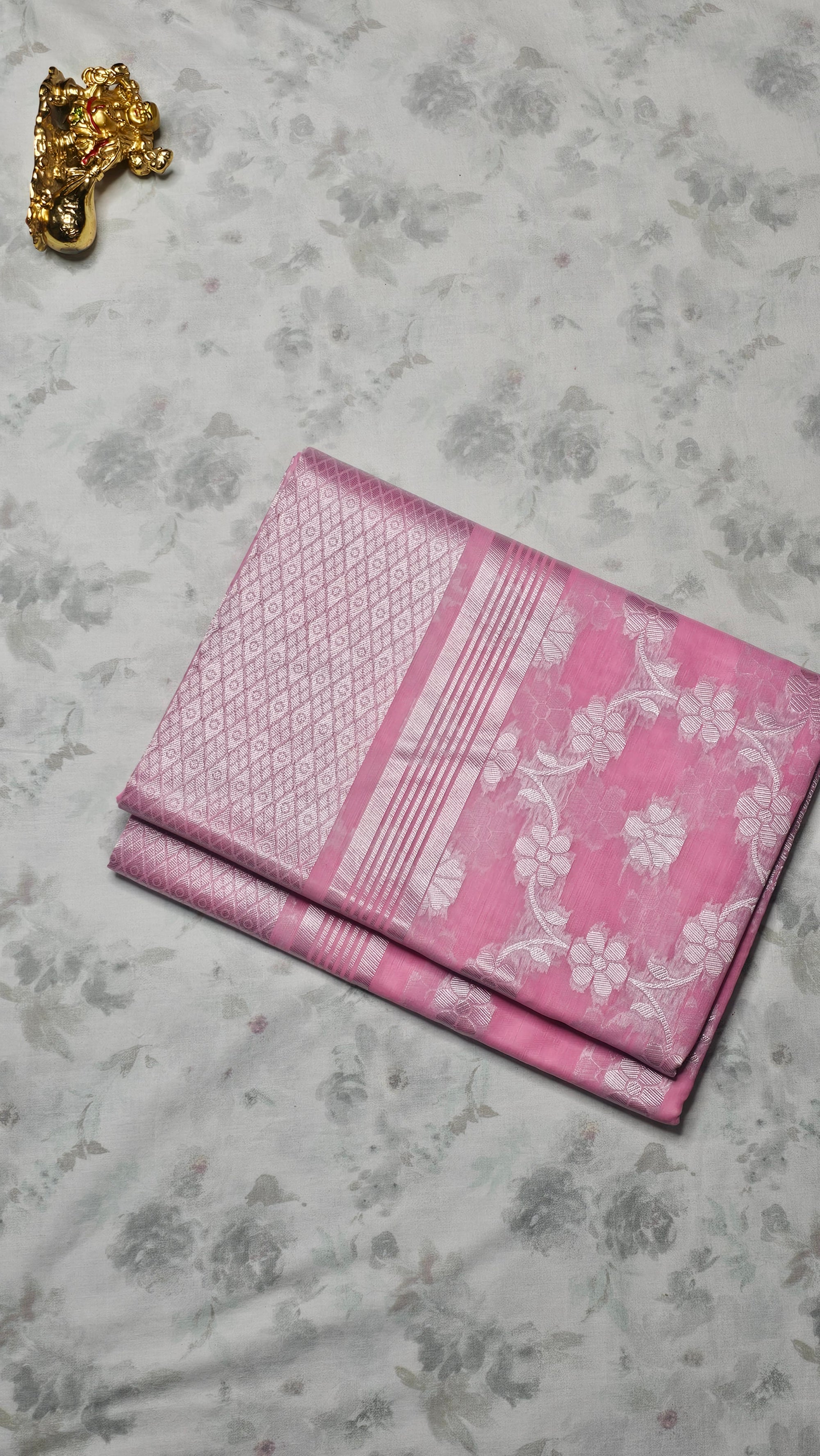 Pastel Pink Silk Saree with Silver Zari Floral Weave