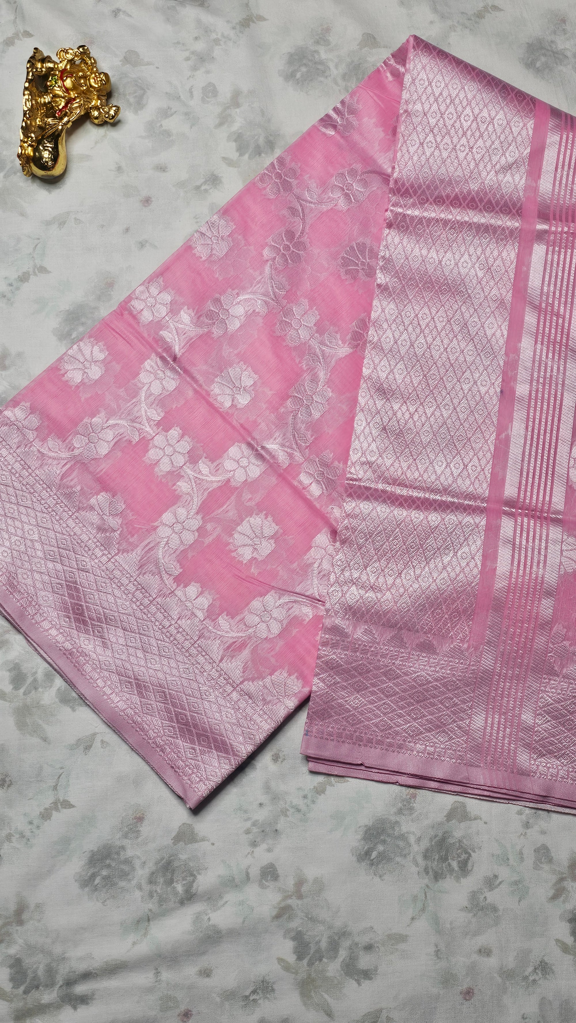 Pastel Pink Silk Saree with Silver Zari Floral Weave