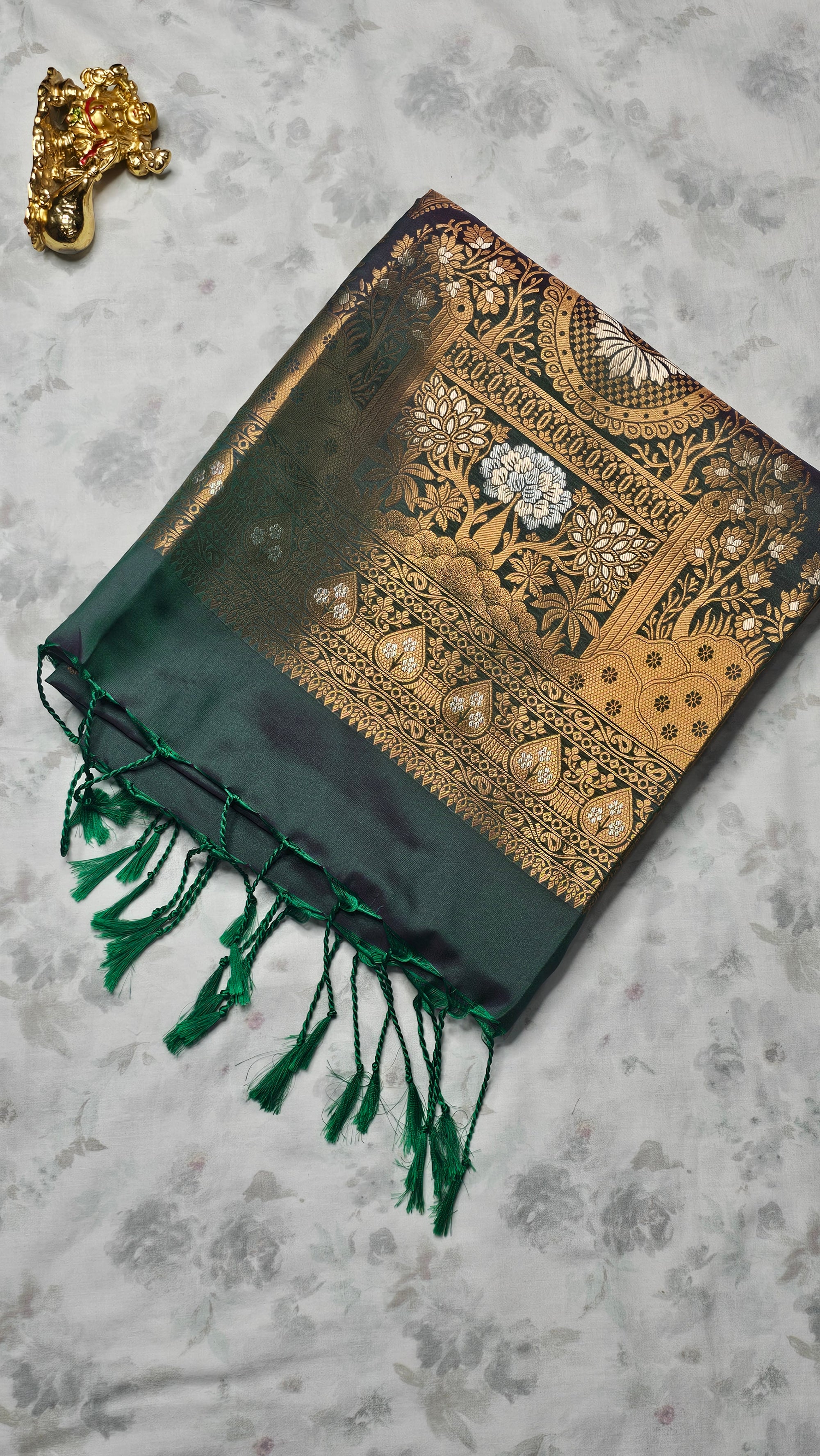 Maroon & Bottle Green Silk Saree with Rich Golden Zari Weave