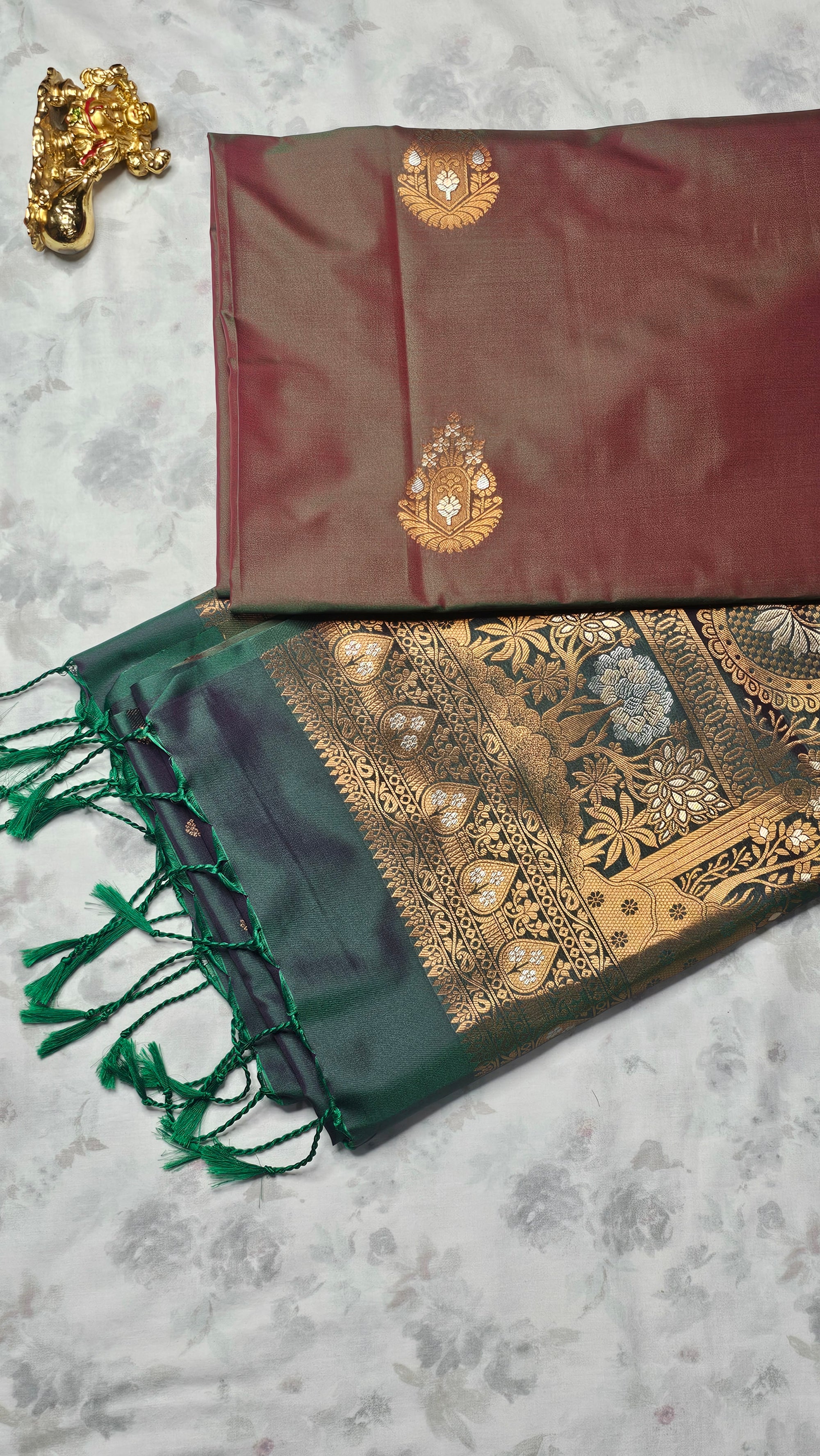 Maroon & Bottle Green Silk Saree with Rich Golden Zari Weave