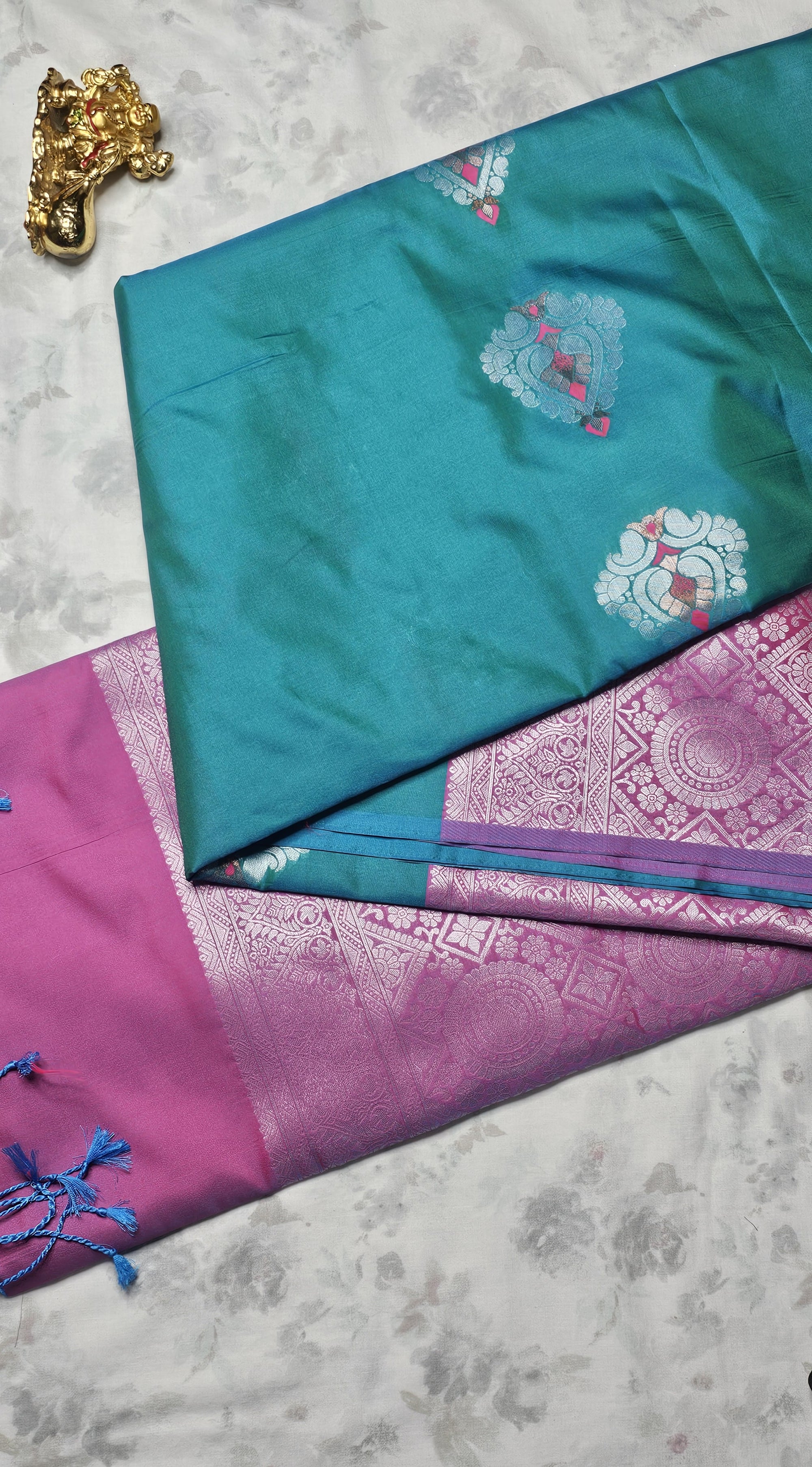 Teal & Pink Silk Saree with Silver Zari Geometric Weave