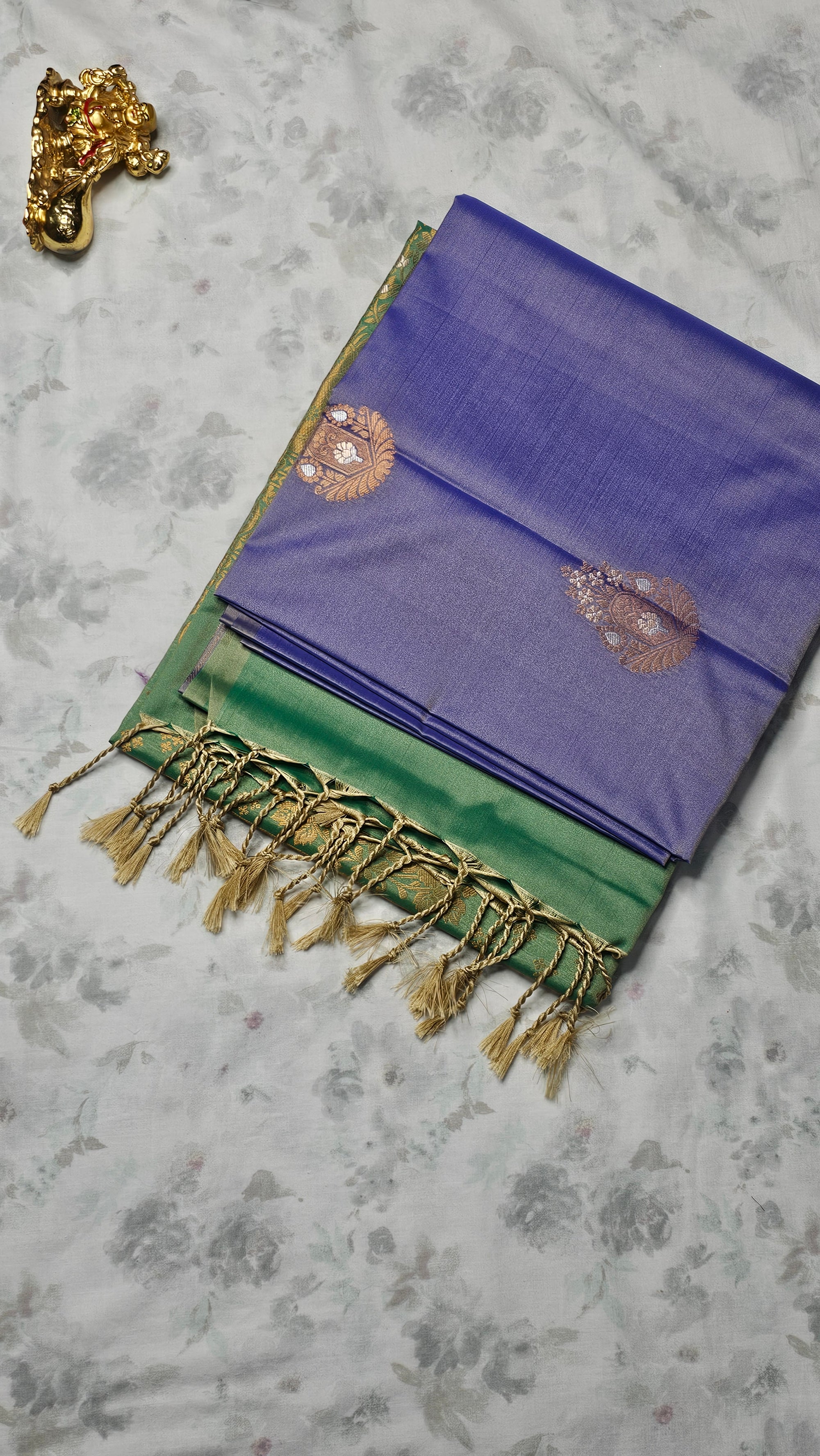 Lavender Silk Saree with Green & Gold Zari Floral Weave