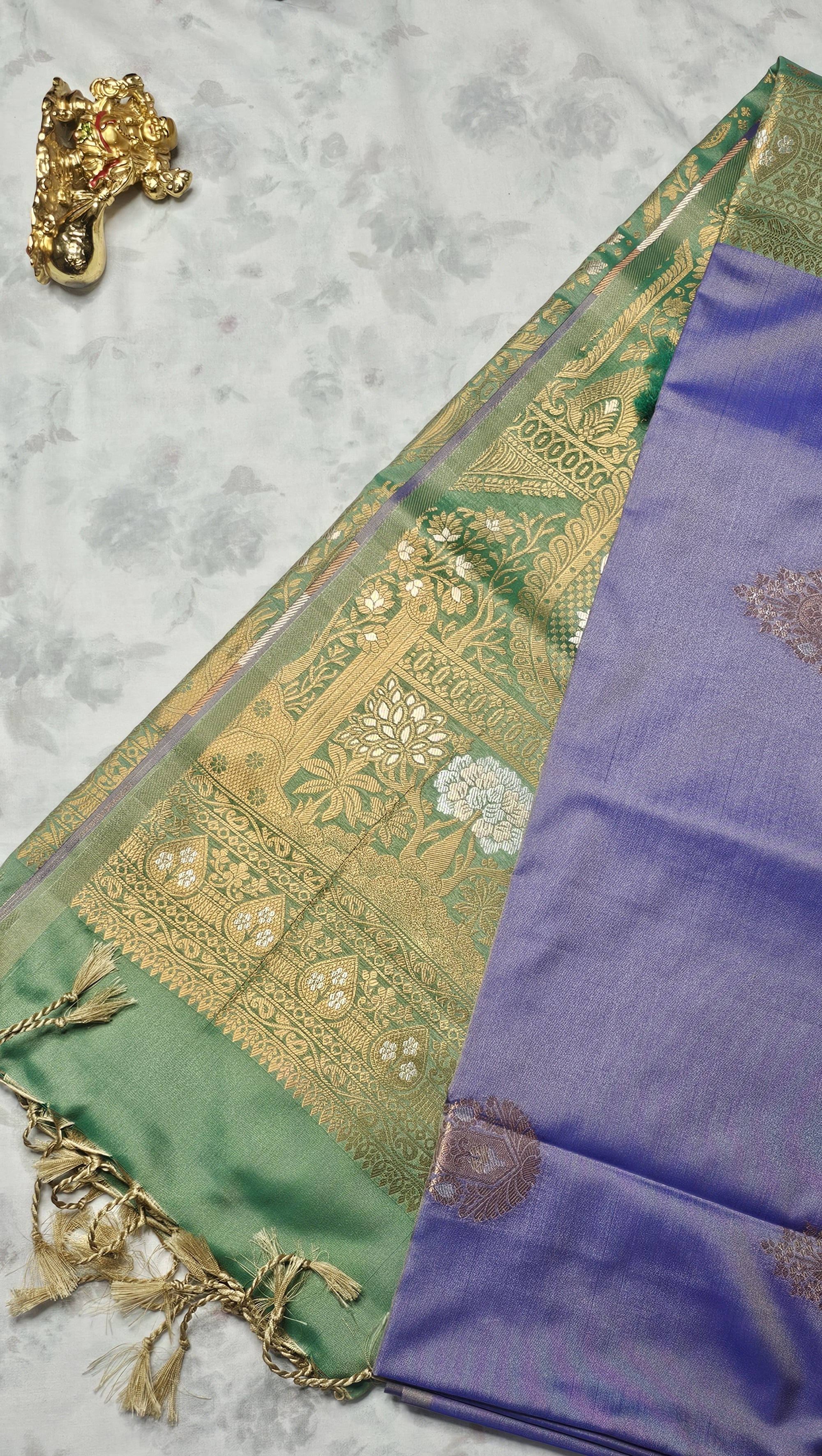 Lavender Silk Saree with Green & Gold Zari Floral Weave