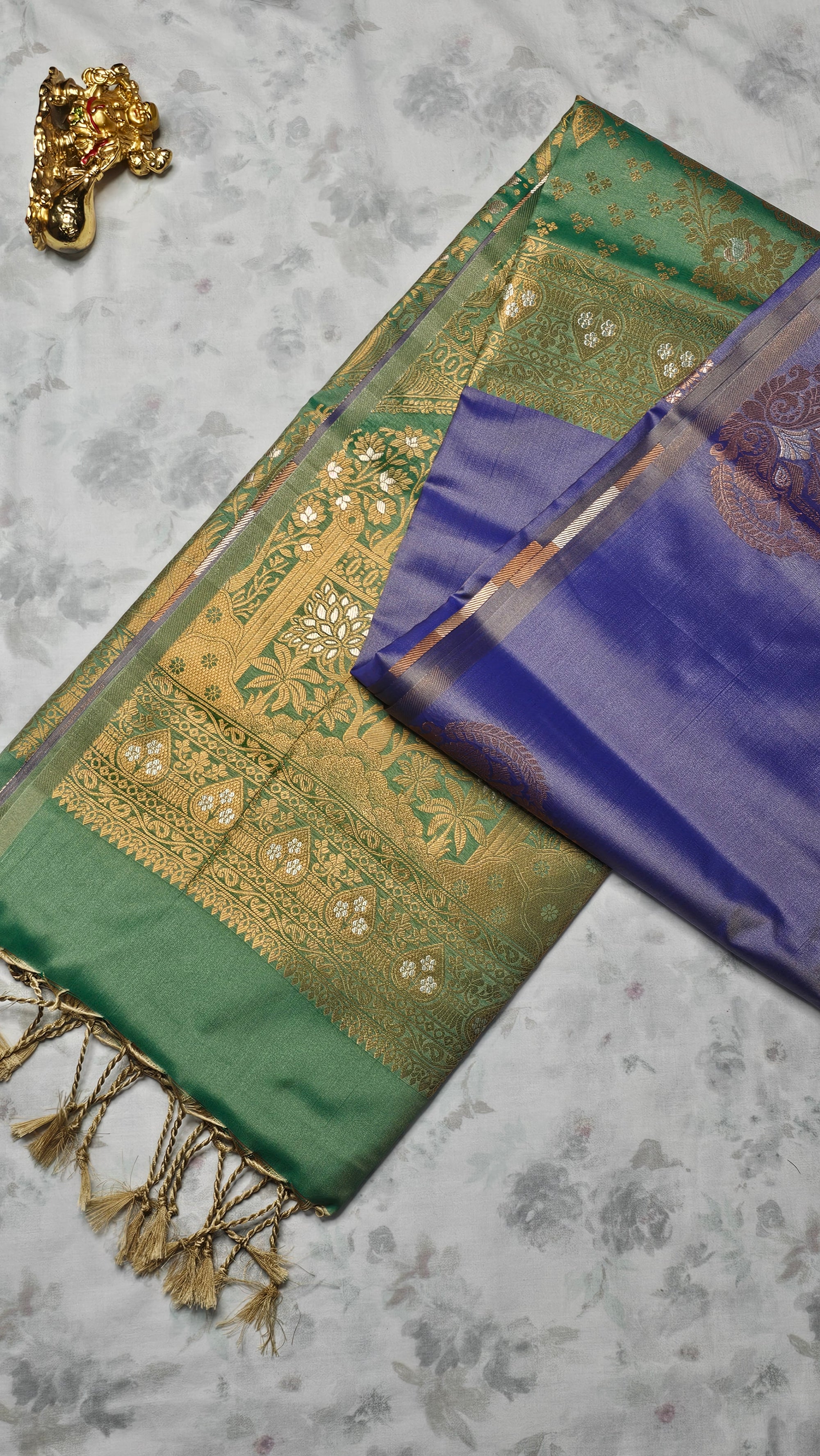 Lavender Silk Saree with Green & Gold Zari Floral Weave