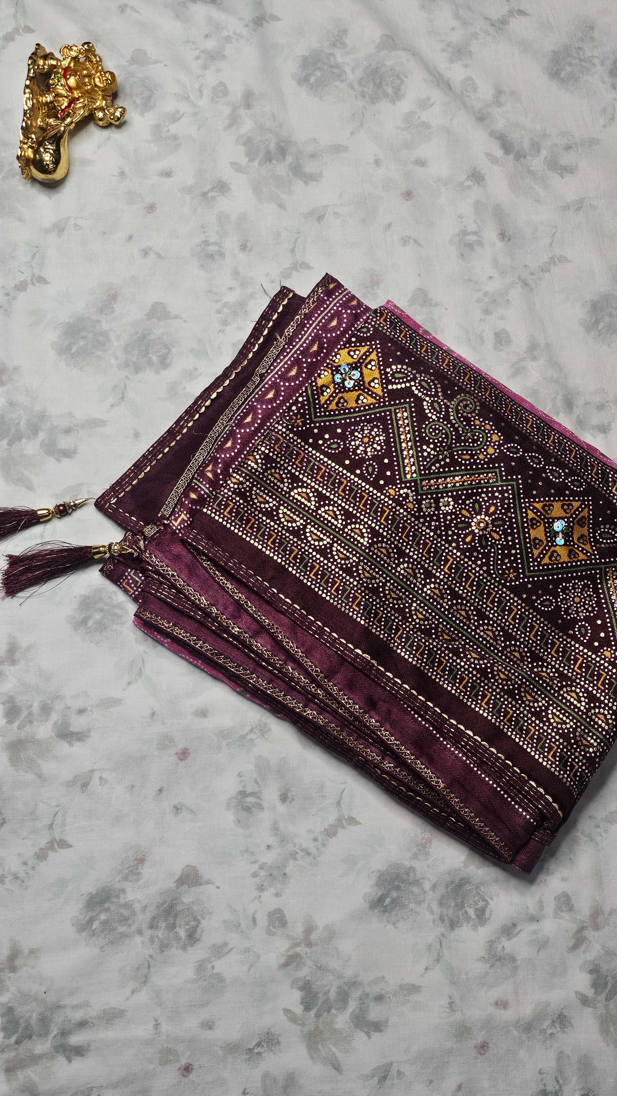 Magenta Bandhej Saree with Maroon Border & Mirror Work