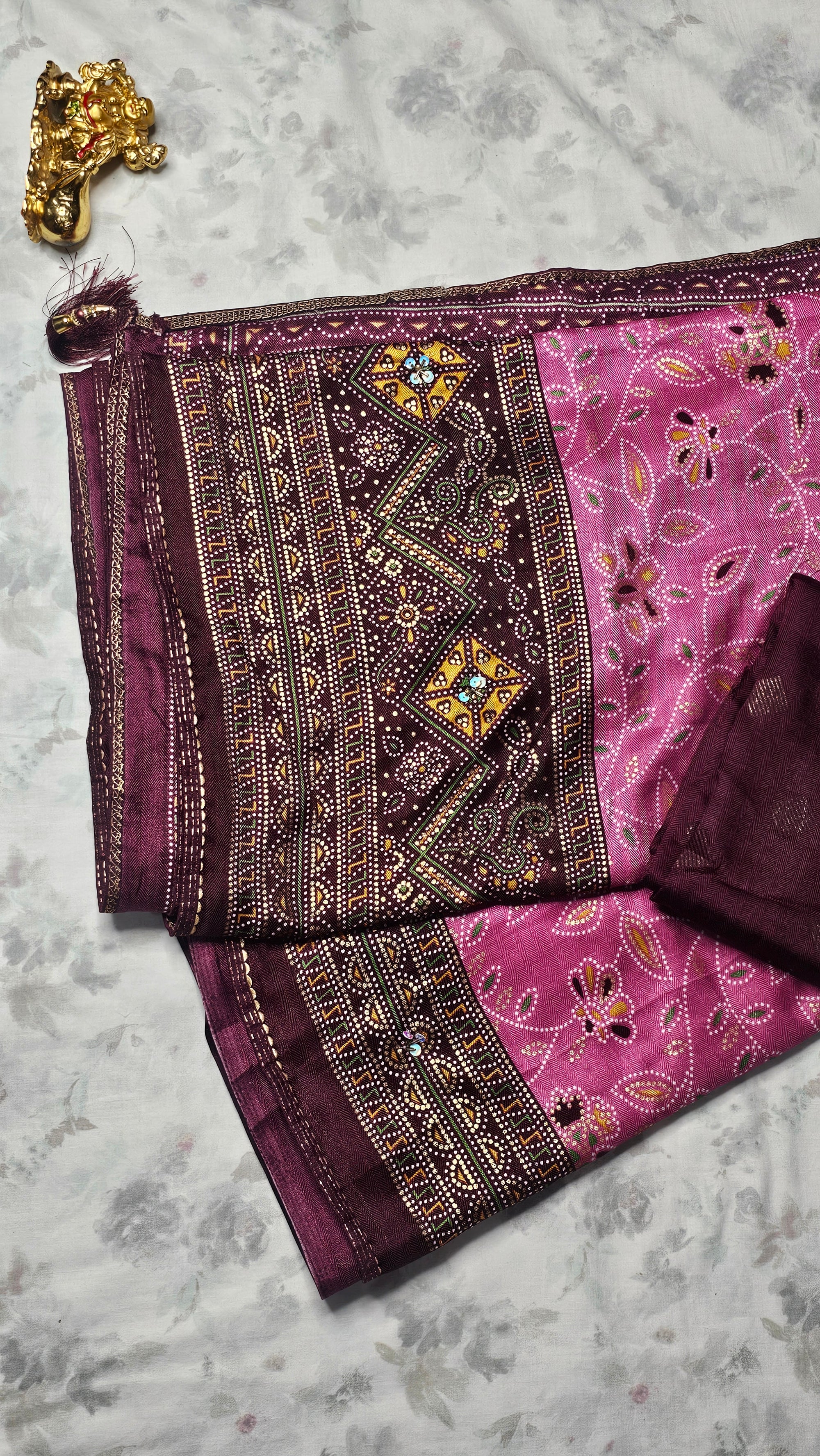 Magenta Bandhej Saree with Maroon Border & Mirror Work