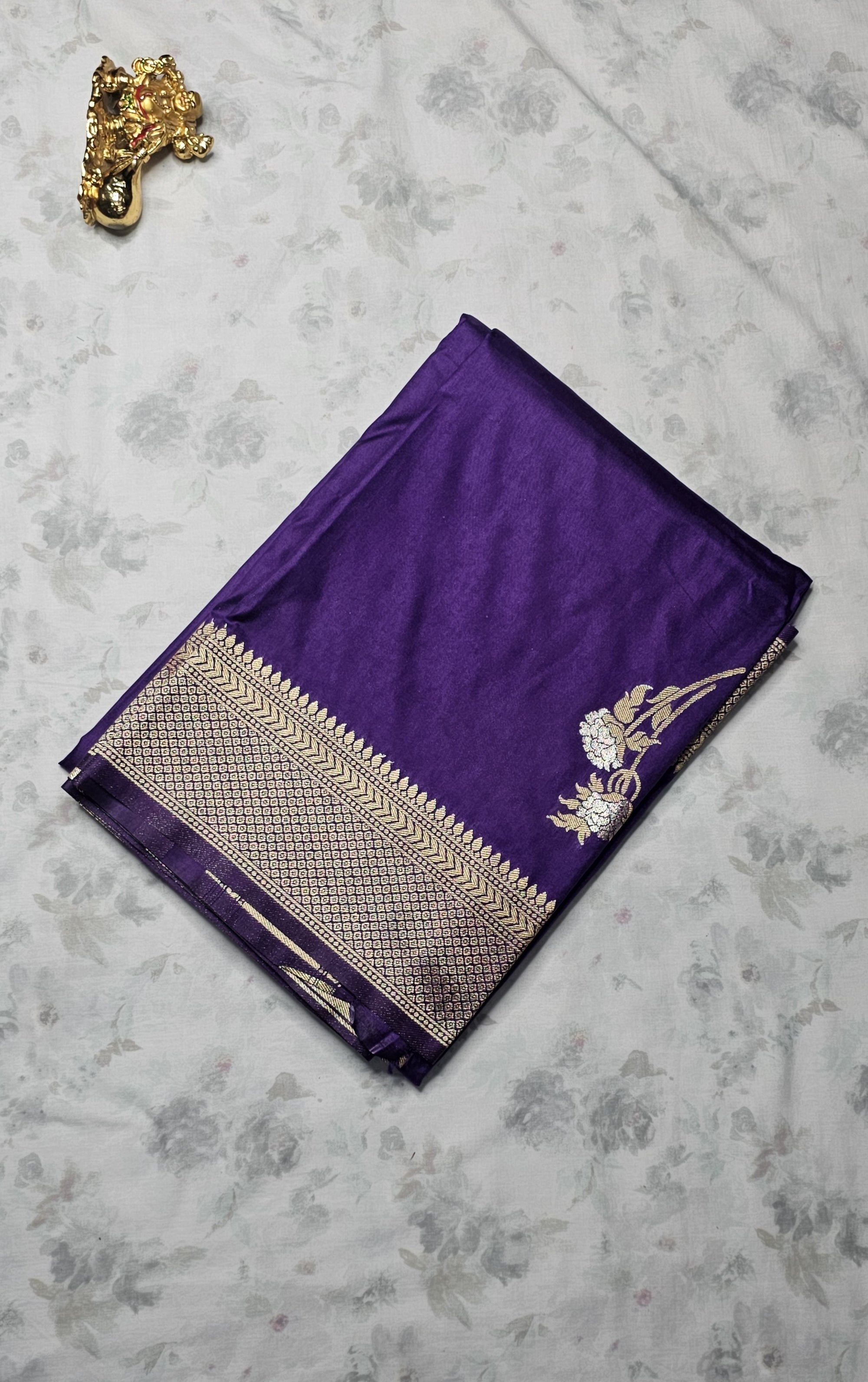 Royal Purple Silk Saree with Golden Zari Paisley & Floral Border