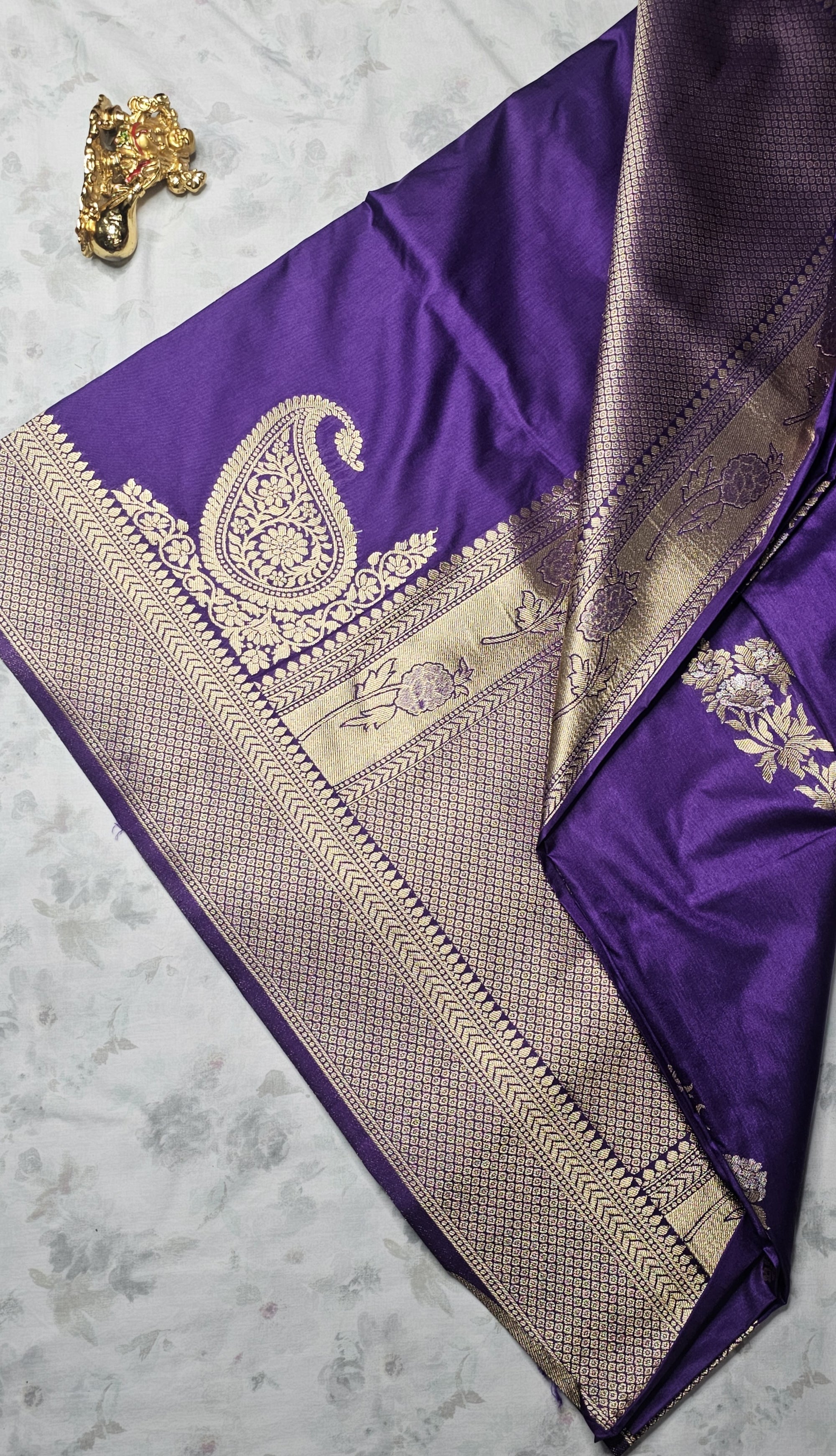 Royal Purple Silk Saree with Golden Zari Paisley & Floral Border