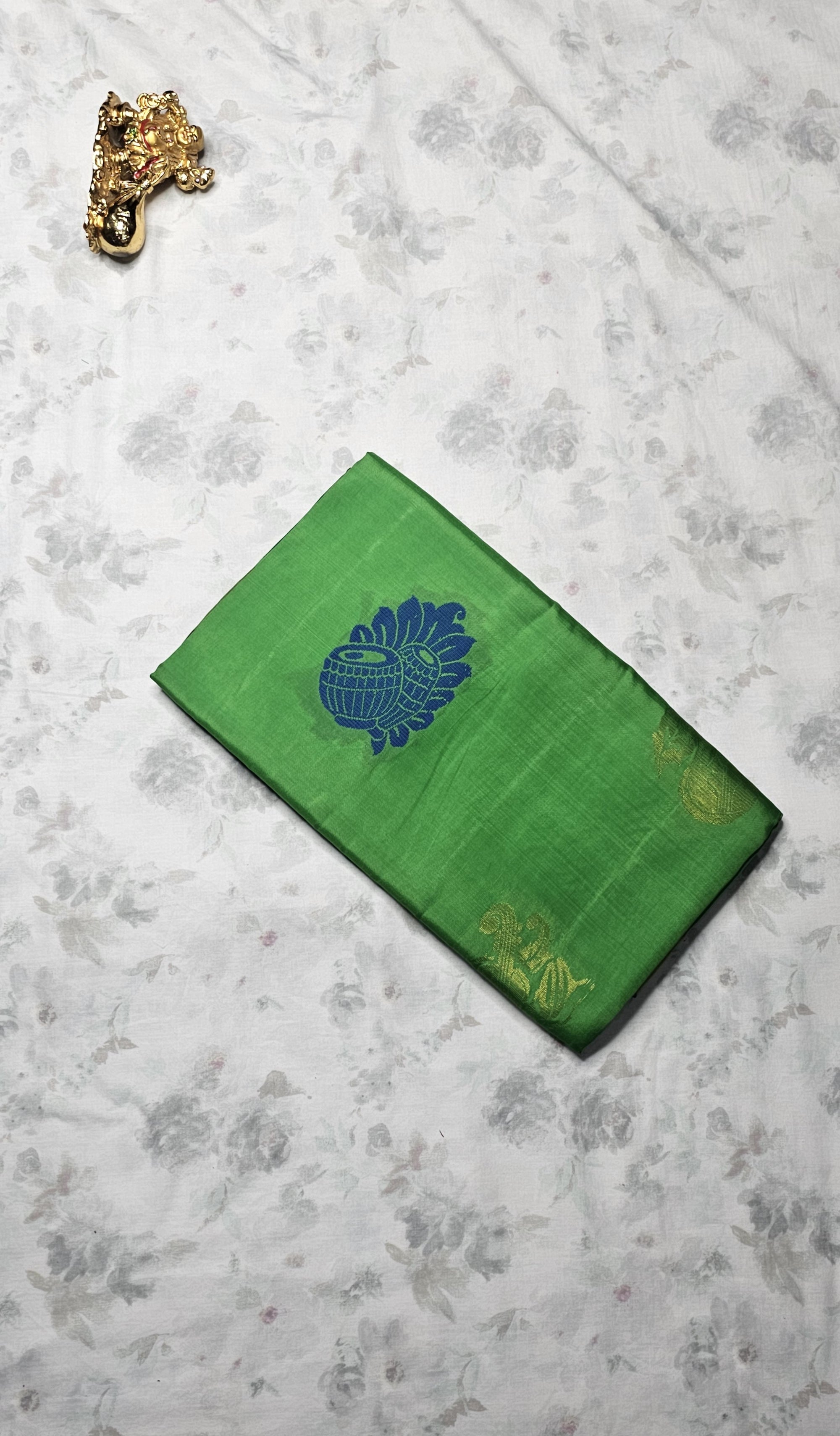 Vibrant Green & Pink Silk Saree with Royal Blue Motifs and Gold Zari Border