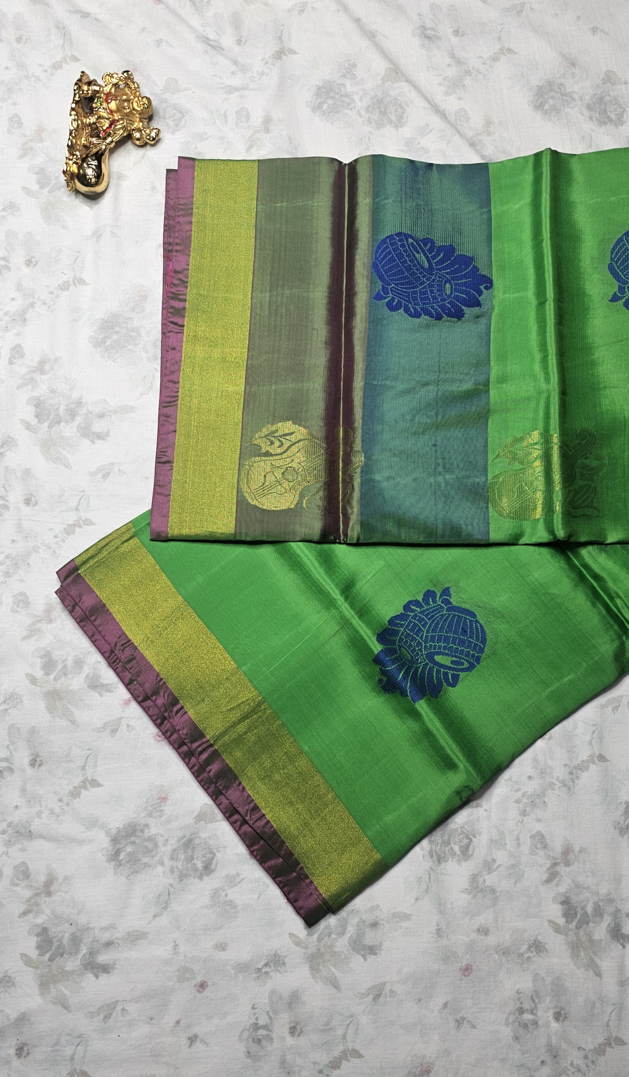 Vibrant Green & Pink Silk Saree with Royal Blue Motifs and Gold Zari Border