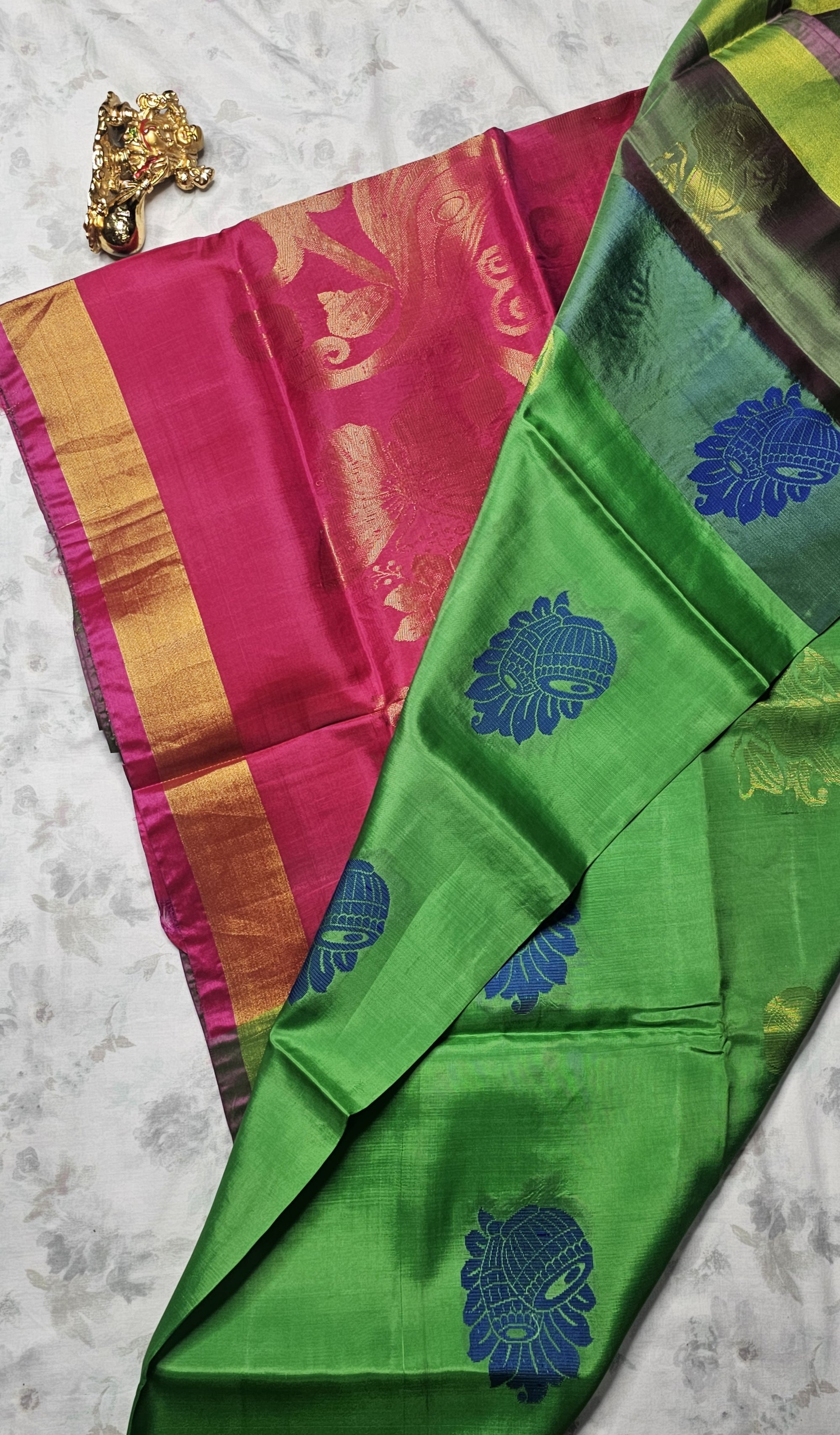 Vibrant Green & Pink Silk Saree with Royal Blue Motifs and Gold Zari Border