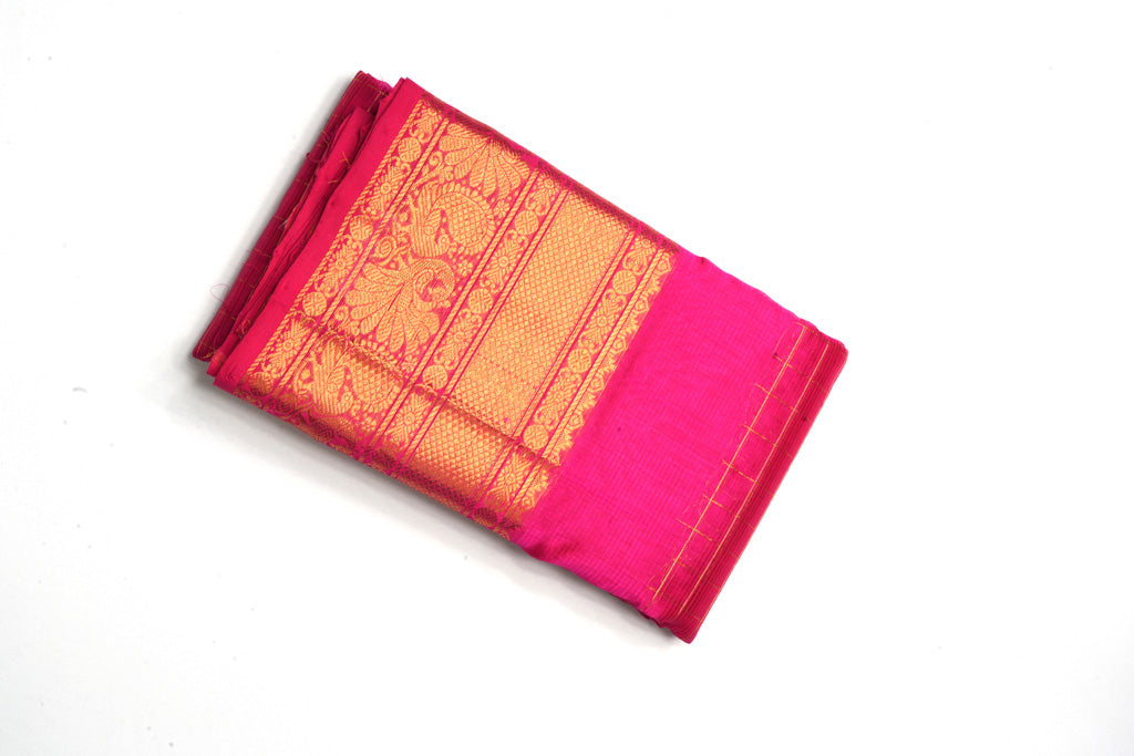 Rani Pink Mangalagiri Pattu Saree with Gold Zari Checks & Rich Temple Border