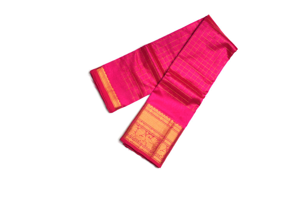 Rani Pink Mangalagiri Pattu Saree with Gold Zari Checks & Rich Temple Border