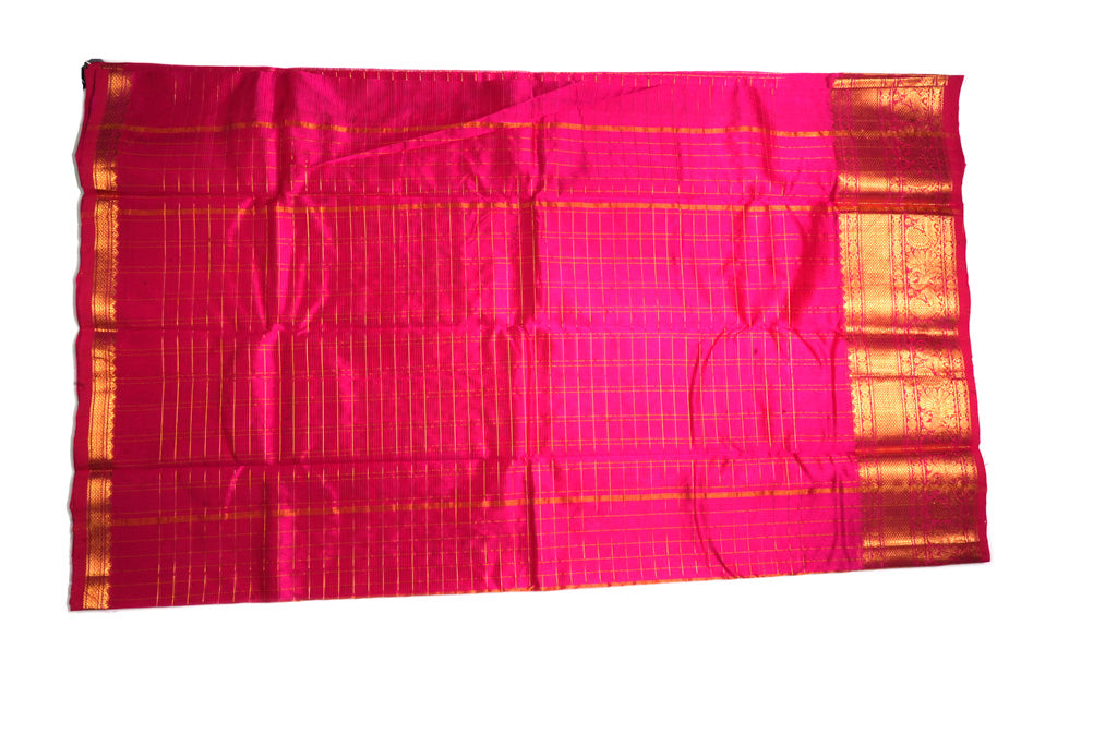 Rani Pink Mangalagiri Pattu Saree with Gold Zari Checks & Rich Temple Border