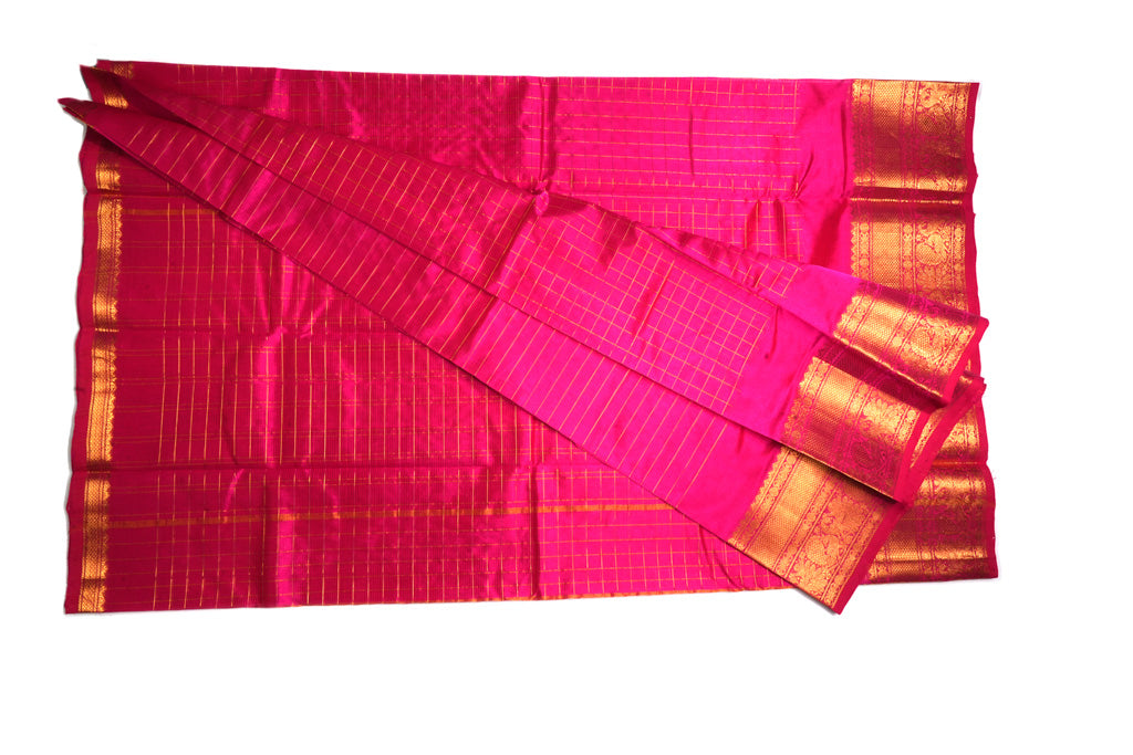 Rani Pink Mangalagiri Pattu Saree with Gold Zari Checks & Rich Temple Border