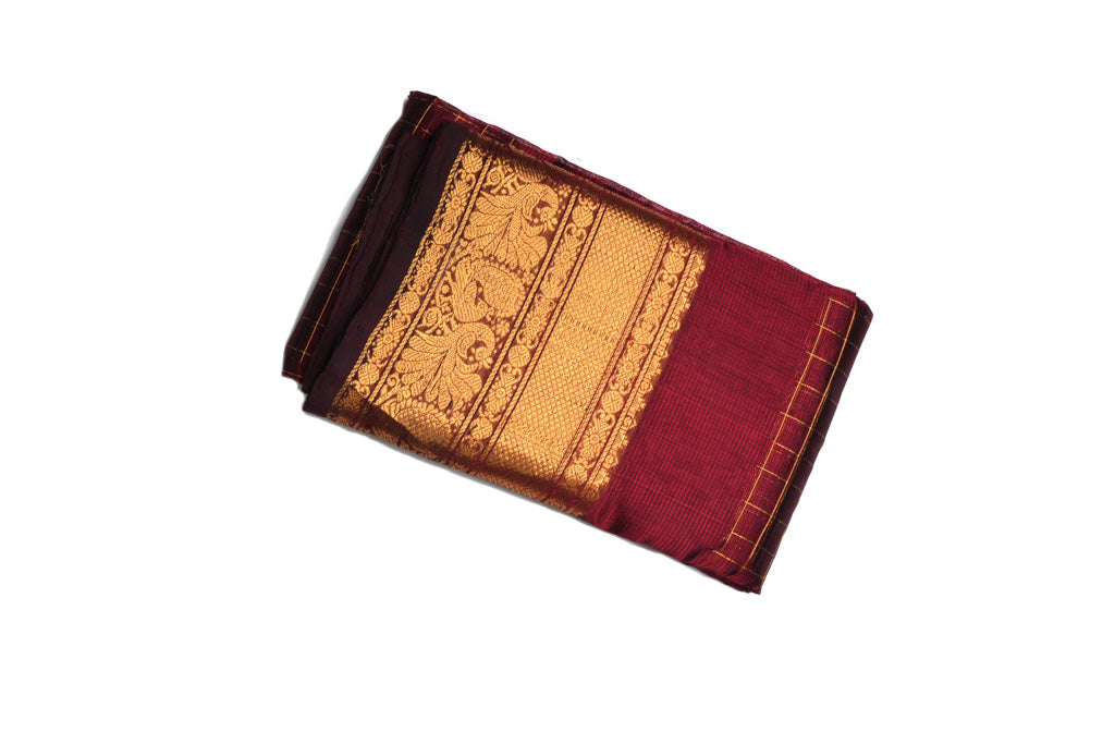 Deep Maroon Mangalagiri Pattu Saree with Gold Zari Checks & Rich Border