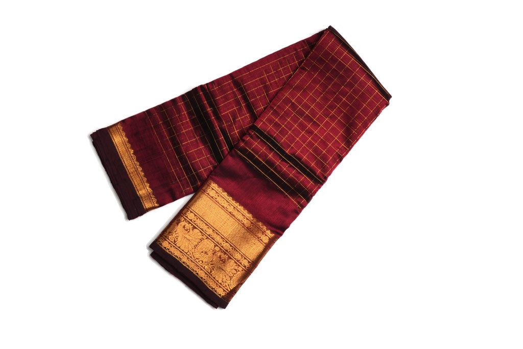 Deep Maroon Mangalagiri Pattu Saree with Gold Zari Checks & Rich Border