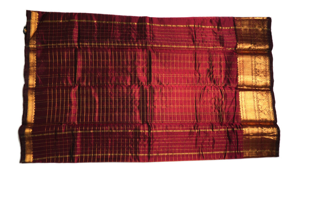 Deep Maroon Mangalagiri Pattu Saree with Gold Zari Checks & Rich Border