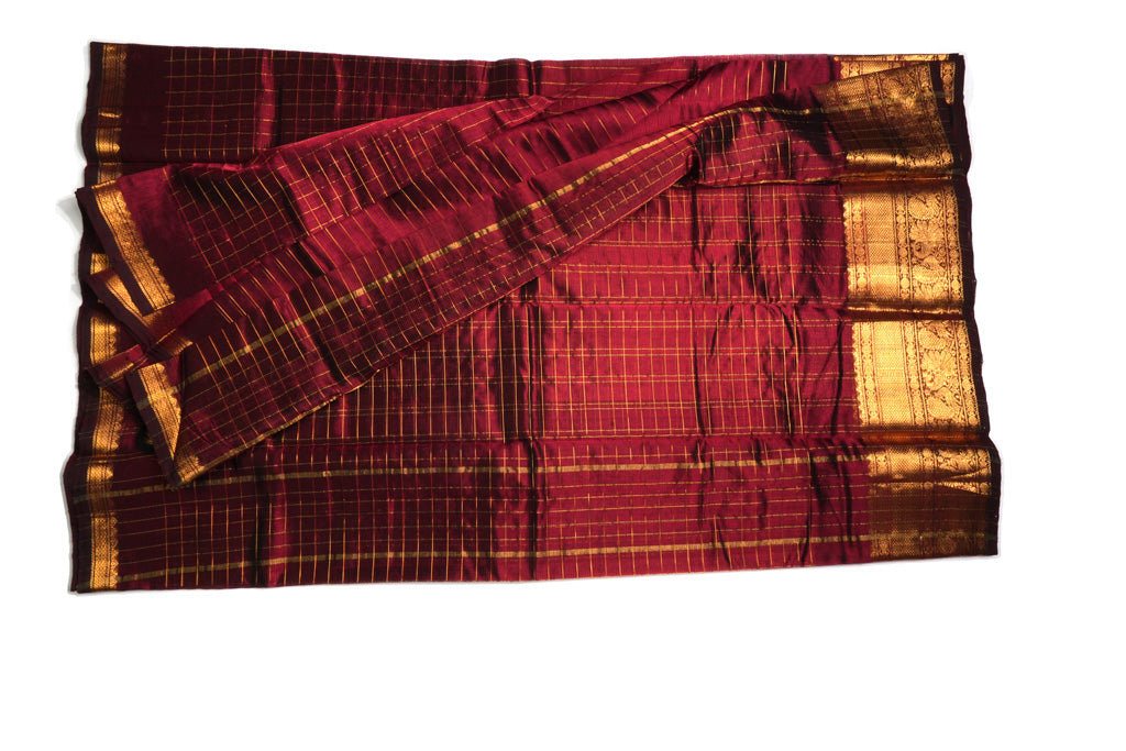 Deep Maroon Mangalagiri Pattu Saree with Gold Zari Checks & Rich Border