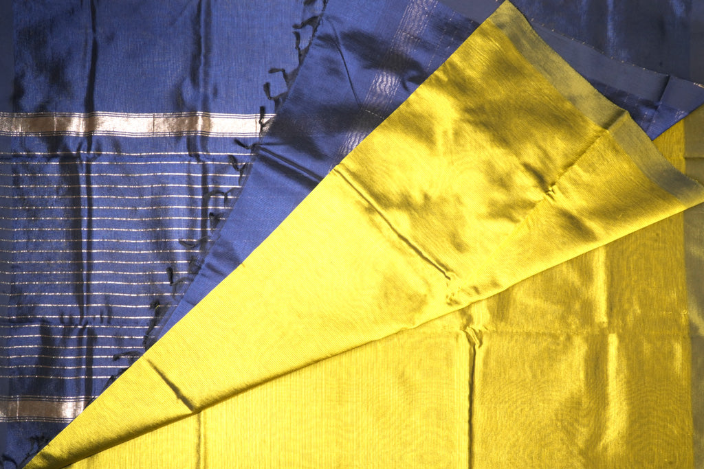 Bright Yellow Mangalagiri Cotton Saree with Indigo Blue Contrast Pallu