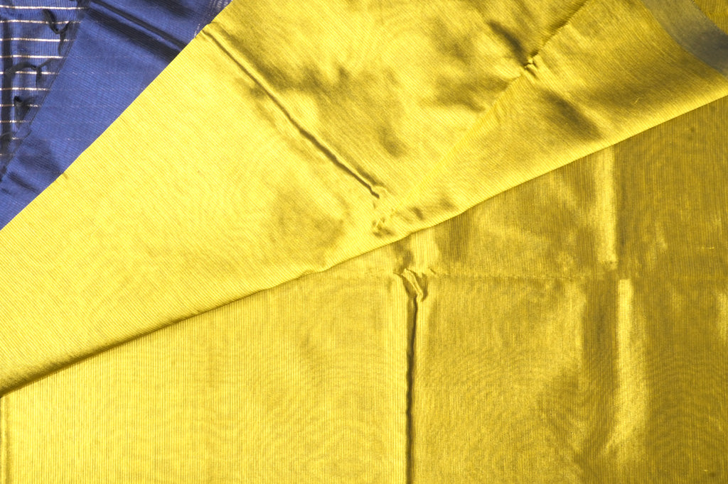 Bright Yellow Mangalagiri Cotton Saree with Indigo Blue Contrast Pallu