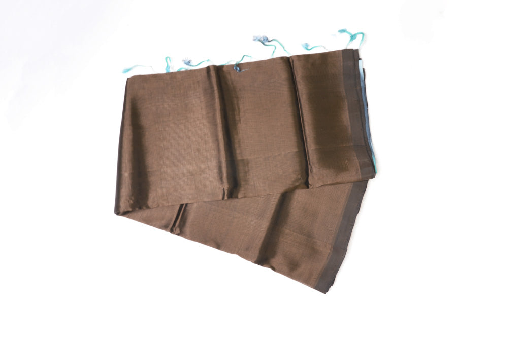 Coffee Brown Mangalagiri Cotton Saree with Sky Blue Contrast Pallu