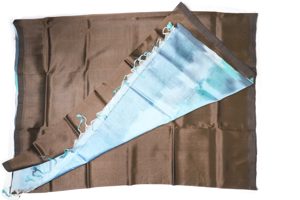 Coffee Brown Mangalagiri Cotton Saree with Sky Blue Contrast Pallu
