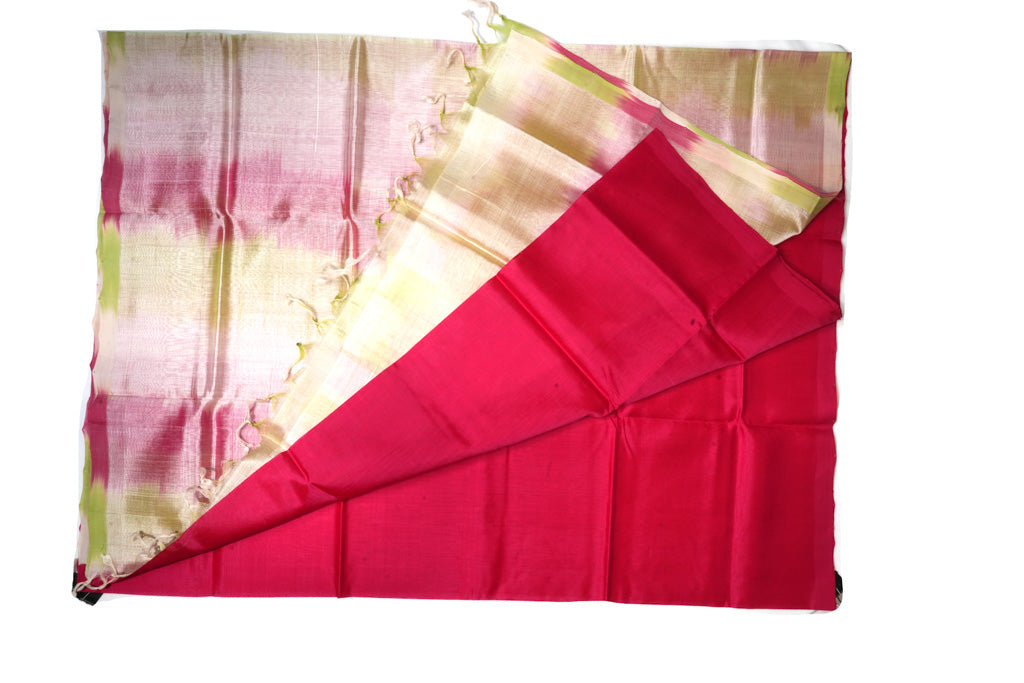 Ikkat Rani Pink Mangalagiri Cotton Saree with Soft Gold Contrast Pallu