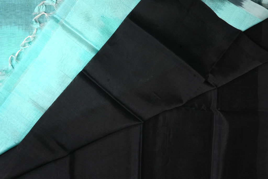 Black Ikat Mangalagiri Pattu Saree with Aqua Blue Pallu