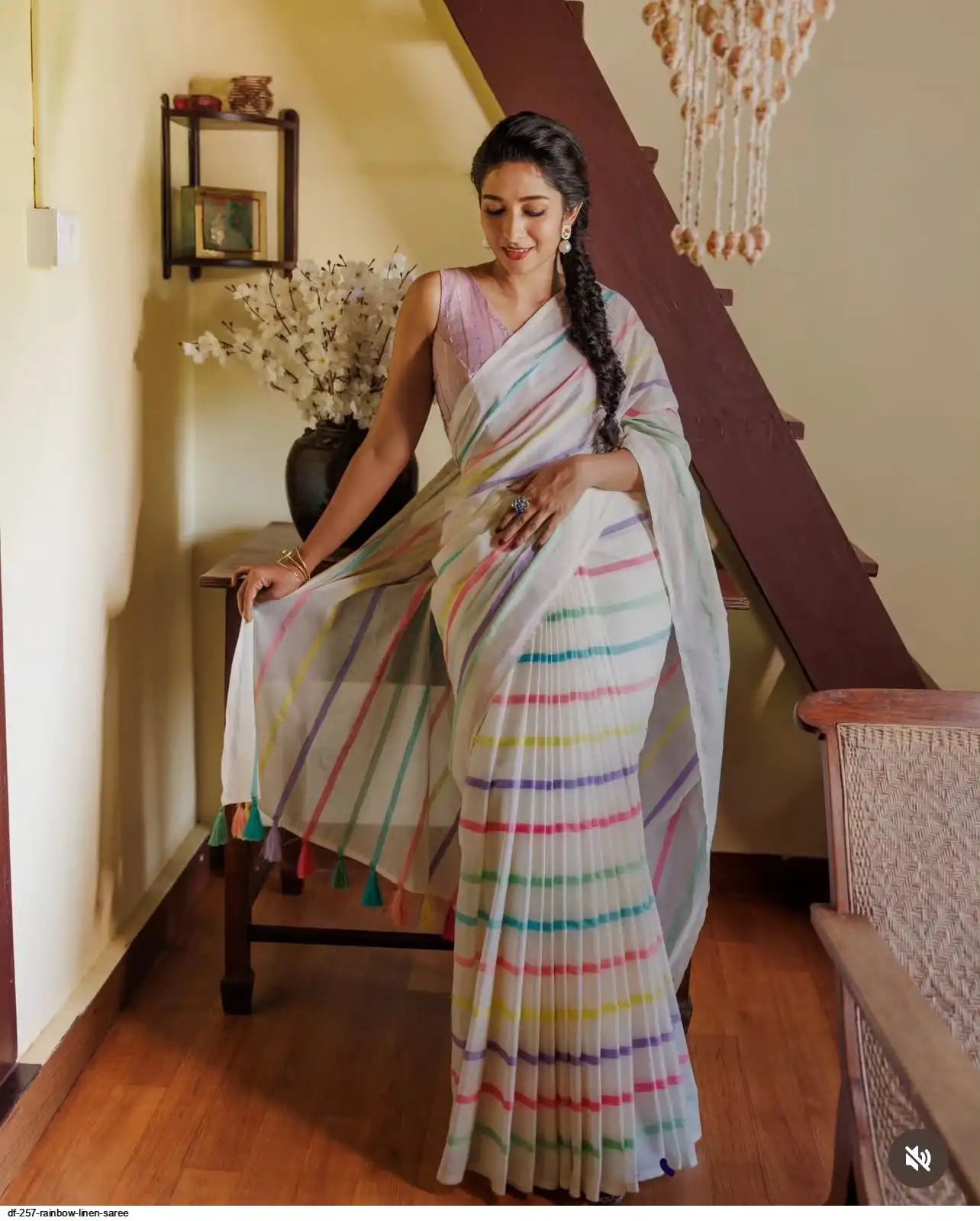 Beautiful Multi Coloured Lenin Saree